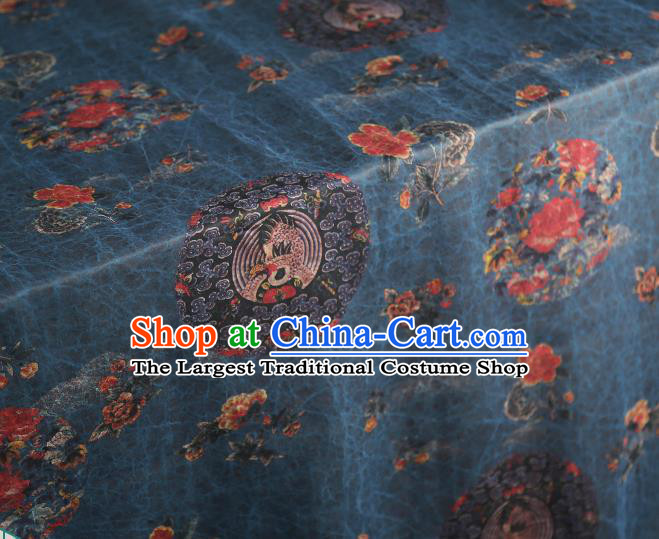 Chinese Gambiered Guangdong Gauze Qipao Dress Classical Crane Peony Pattern Silk Fabric Traditional Blue Brocade Cloth