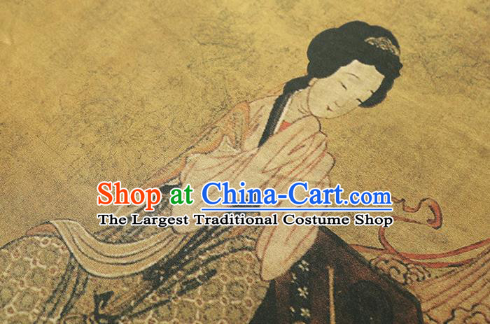 Chinese Classical Palace Lady Pattern Gambiered Guangdong Gauze Drapery Traditional Qipao Dress Yellow Silk Fabric