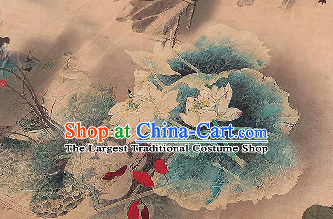 Chinese Classical Lotus Plum Pattern Gambiered Guangdong Gauze Drapery Traditional Qipao Dress Apricot Silk Fabric