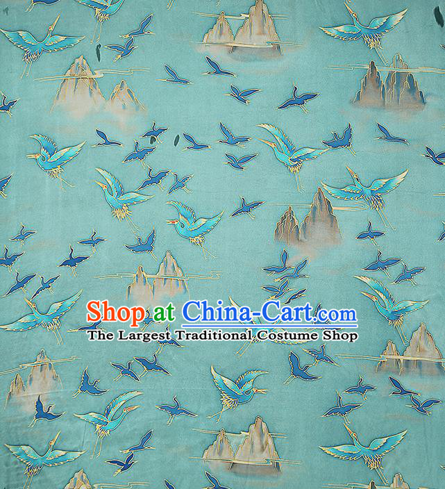 Chinese Traditional Qipao Dress Blue Silk Fabric Classical Printing Cranes Gambiered Guangdong Gauze