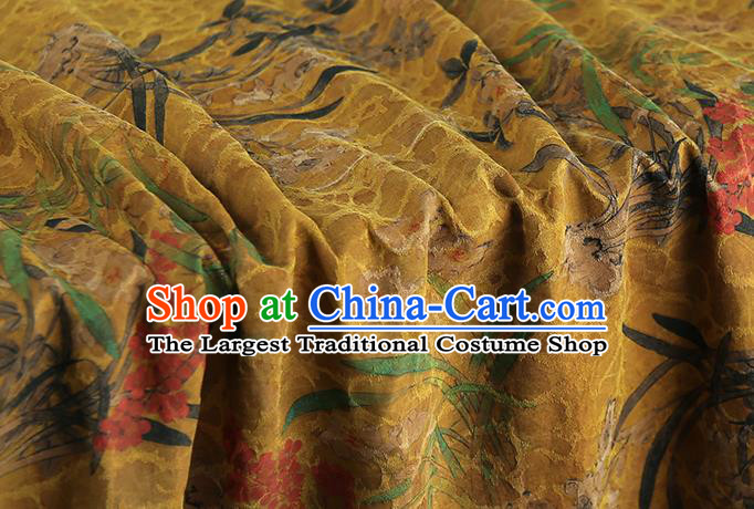 Chinese Classical Orchids Pattern Gambiered Guangdong Gauze Traditional Qipao Dress Ginger Silk Fabric