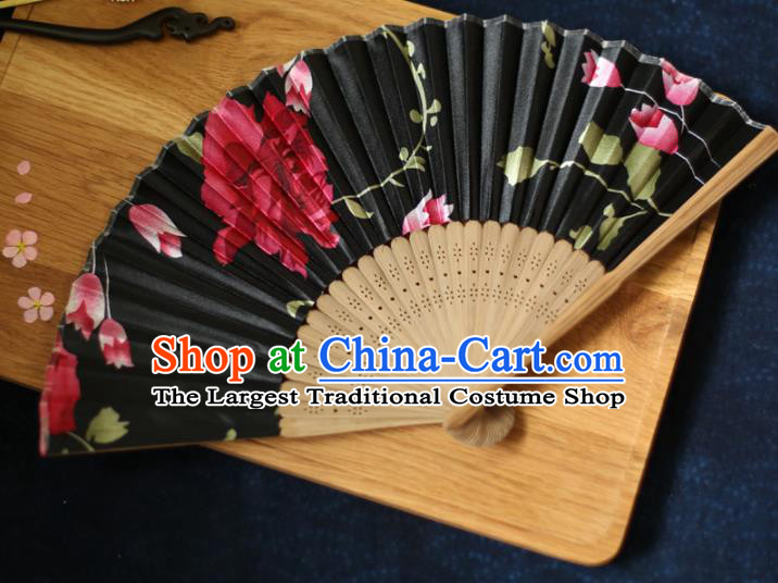 China Traditional Printing Flower Black Silk Fan Accordion Classical Folding Fan
