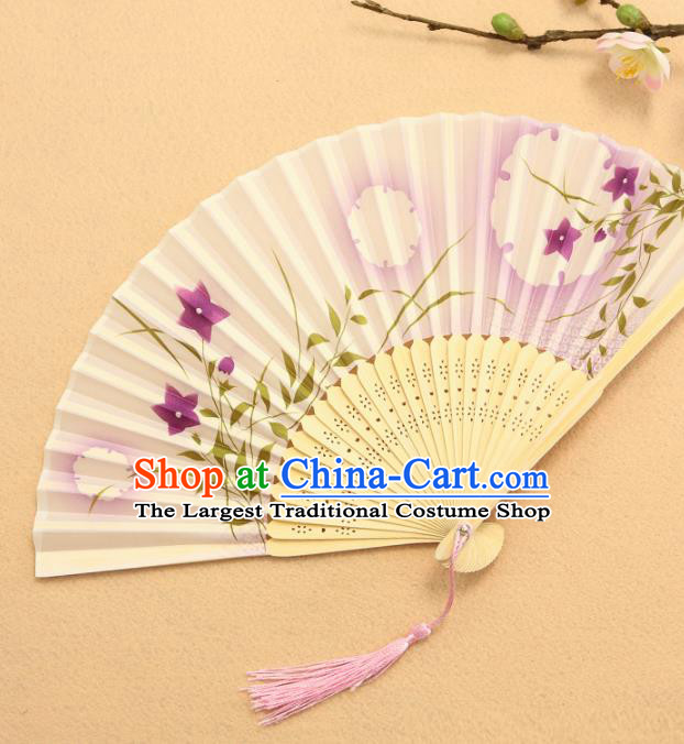 China Traditional Printing Primrose Fan Accordion Classical Folding Fan Silk Fans