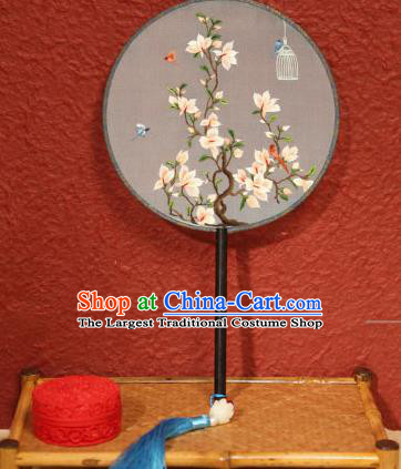 China Ancient Hanfu Palace Fan Traditional Silk Fans Embroidered Flowers Circular Fan