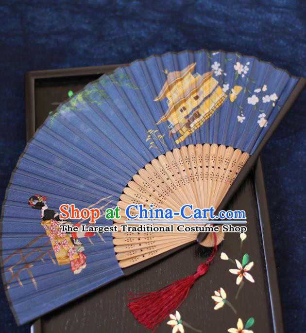 China Printing Fan Traditional Japan Kimono Accordion Folding Fan Classical Blue Silk Fans