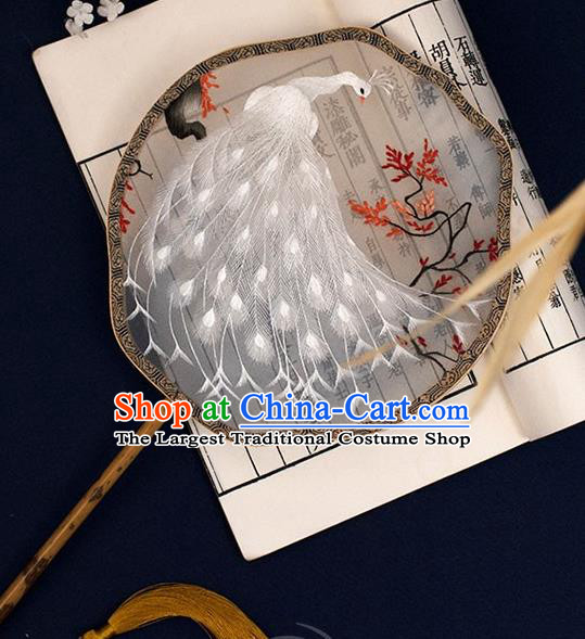 China Traditional Grey Silk Fan Classical Hanfu Bamboo Palace Fan Handmade Embroidered White Peacock Court Fan
