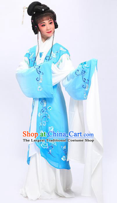 China Huangmei Opera Young Beauty Garment Costumes Traditional Peking Opera Hua Tan Blue Dress Clothing and Hair Accessories