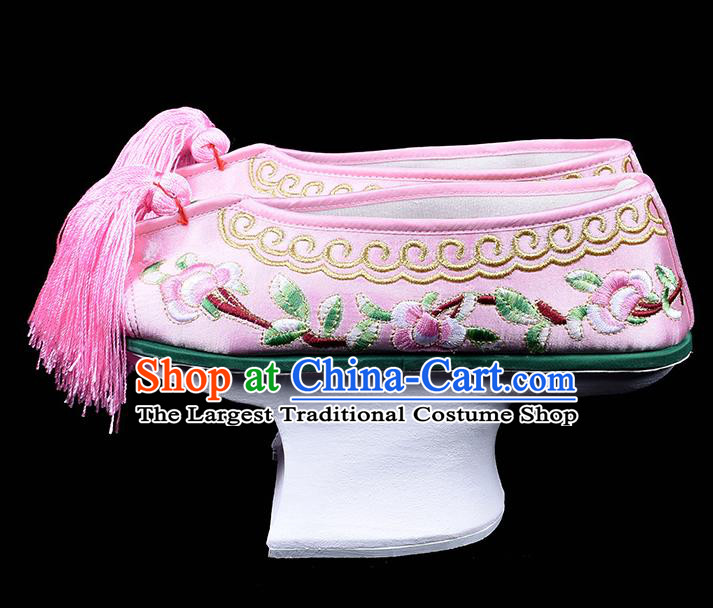 Chinese Traditional Opera Pink Satin Shoes Beijing Opera Hua Tan Embroidered Shoes Qing Dynasty Princess Embroidery Shoes