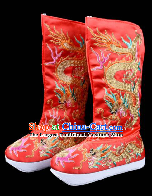 Chinese Beijing Opera Red Embroidered Boots Sichuan Opera Face Changing Embroidery Shoes Traditional Bian Lian Dragon Boots