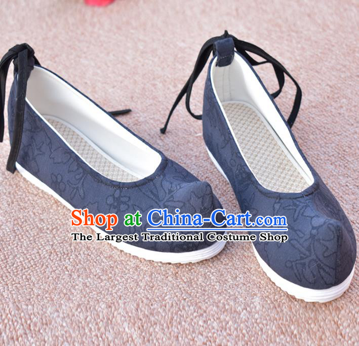 China Traditional Hanfu Shoes National Navy Blue Cloth Shoes Ancient Princess Shoes Ming Dynasty Bow Shoes