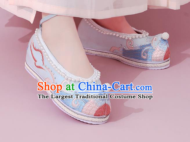 China Traditional Embroidered Pearls Shoe National Shoes Classical Dance Blue Cloth Shoes