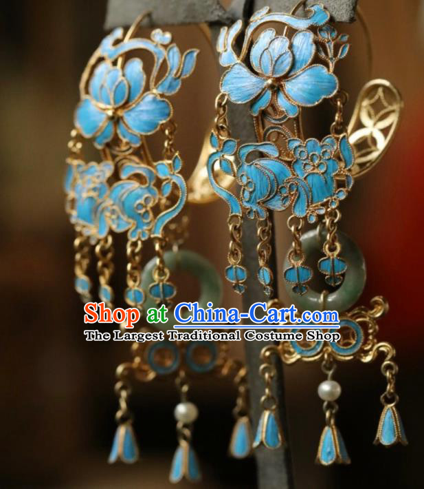 Chinese Ancient Empress Jade Ear Jewelry Traditional Qing Dynasty Cloisonne Earrings Accessories
