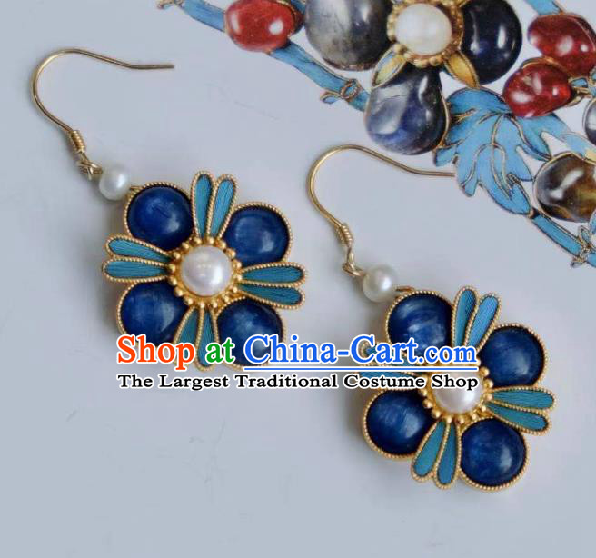 Chinese Traditional Qing Dynasty Sapphire Earrings Accessories National Cheongsam Pearls Ear Jewelry