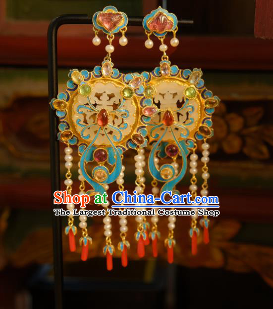 Chinese Traditional Qing Dynasty Empress Pearls Tassel Earrings Accessories Ancient Queen Tourmaline Jade Ear Jewelry