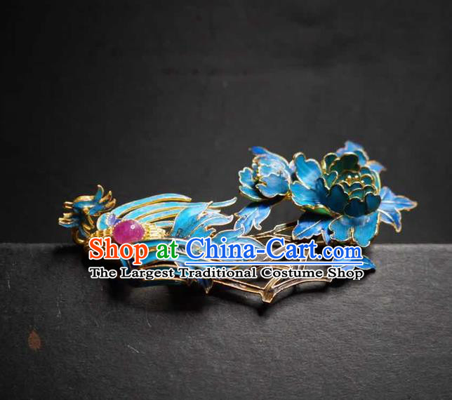Chinese Traditional Qing Dynasty Cloisonne Phoenix Peony Hairpin Hair Jewelry Ancient Princess Filigree Hair Stick
