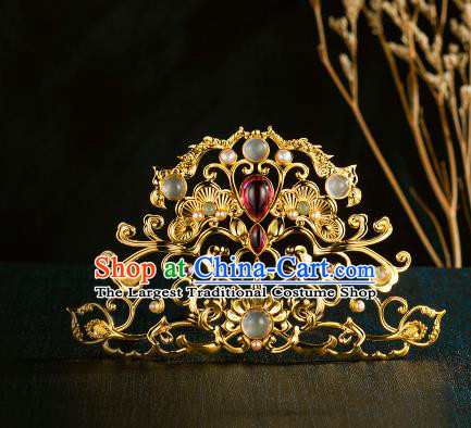 Chinese Traditional Tang Dynasty Golden Hair Crown Handmade Pearls Hairpins Ancient Wedding Hair Accessories
