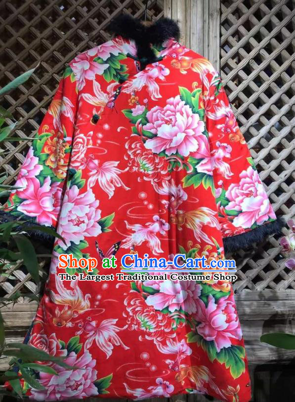China Traditional Printing Peony Red Cloth Jacket National Upper Outer Garment Costume