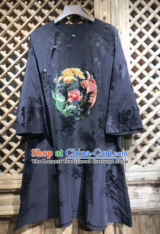 China Embroidered Lotus Goldfish Blouse Traditional Peony Pattern Navy Silk Shirt National Tang Suit Upper Outer Garment