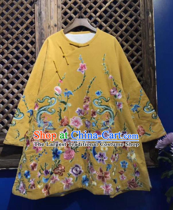 China National Tang Suit Upper Outer Garment Traditional Yellow Coat Embroidered Flowers Cotton Padded Jacket