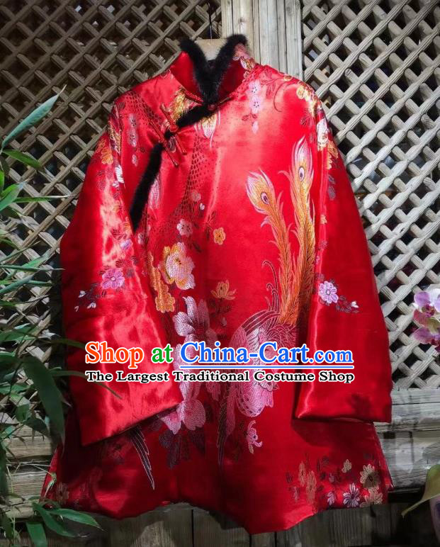 China Traditional Phoenix Peony Pattern Jacket National Tang Suit Outer Garment Red Silk Cotton Wadded Coat