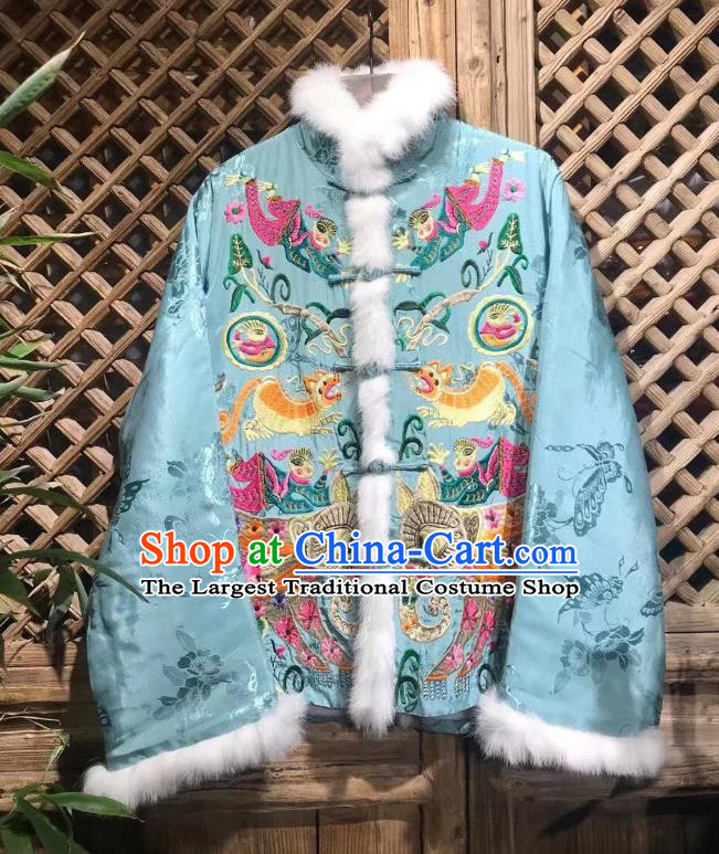 China National Outer Garment Tang Suit Blue Silk Coat Traditional Embroidered Cotton Padded Jacket
