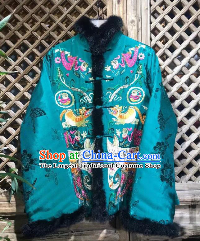 China Traditional Embroidered Cotton Padded Jacket National Outer Garment Tang Suit Green Silk Coat