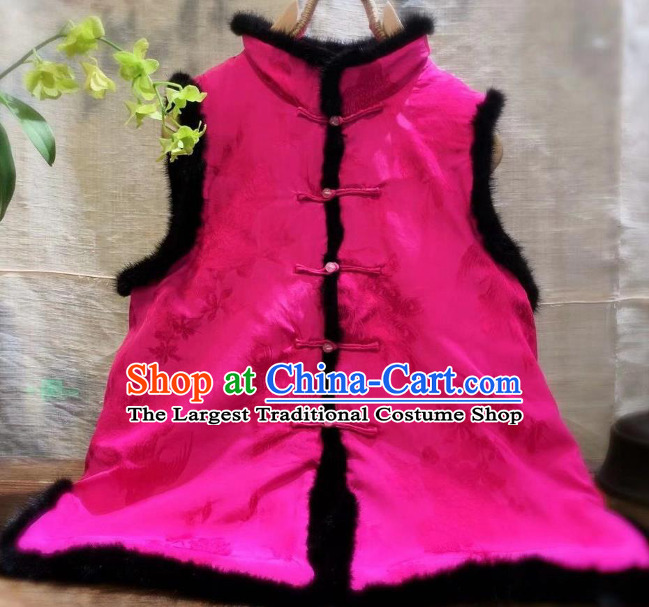 China National Women Upper Outer Garment Winter Clothing Peacock Pattern Silk Vest Tang Suit Rosy Waistcoat