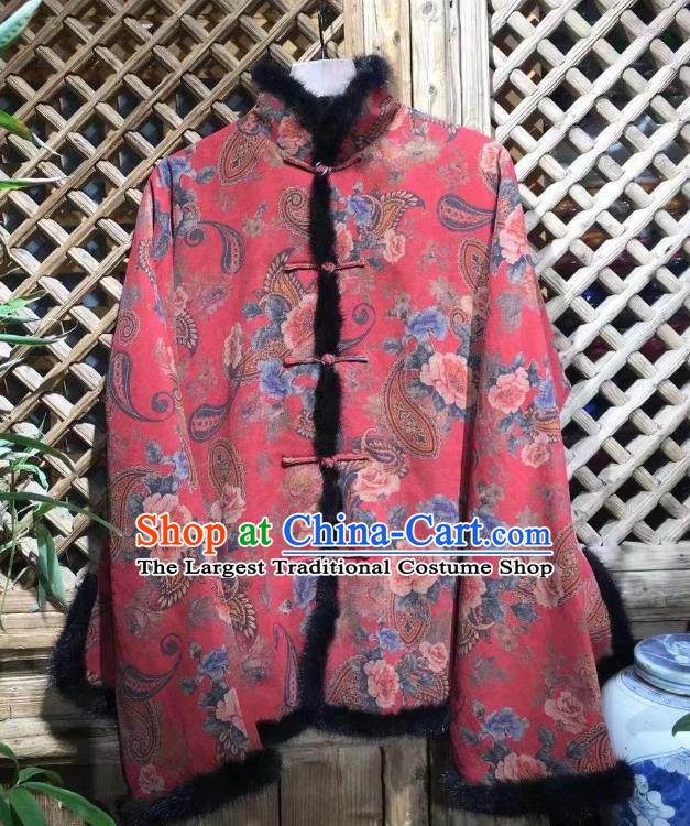 China Tang Suit Cotton Padded Coat National New Year Outer Garment Traditional Flowers Pattern Red Jacket