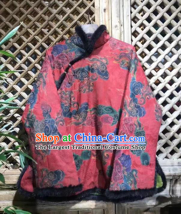 China Traditional Clouds Pattern Jacket National Outer Garment New Year Tang Suit Red Cotton Padded Coat
