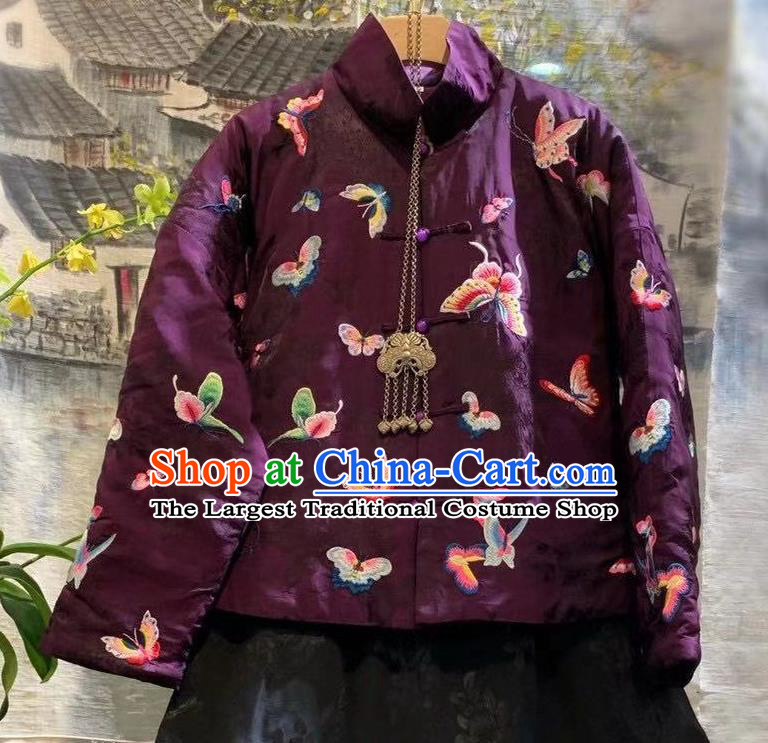 China Tang Suit Cotton Padded Coat Clothing Traditional Embroidered Butterfly Purple Silk Jacket