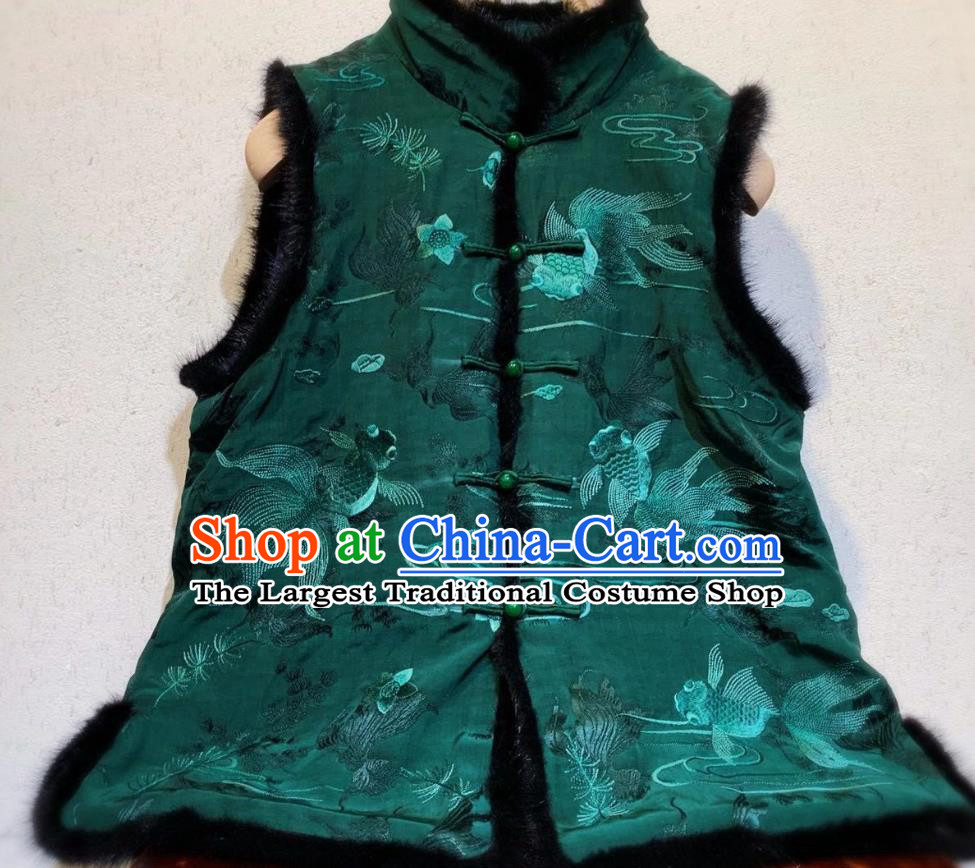 China Tang Suit Green Silk Waistcoat National Female Clothing Embroidered Goldfish Cotton Wadded Vest
