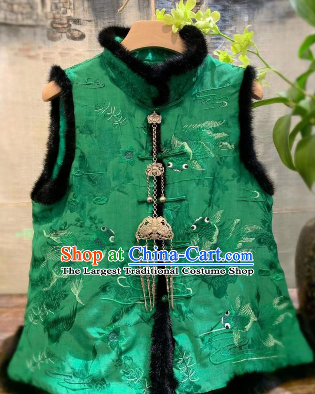 China National Female Clothing Embroidered Goldfish Cotton Wadded Vest Tang Suit Green Silk Waistcoat