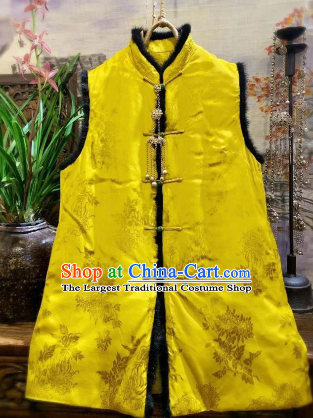 China Tang Suit Yellow Silk Waistcoat National Winter Chrysanthemum Pattern Vest Women Upper Outer Garment Clothing
