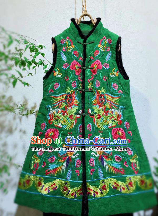 China Tang Suit Long Waistcoat National Winter Clothing Embroidered Dragons Green Flax Vest