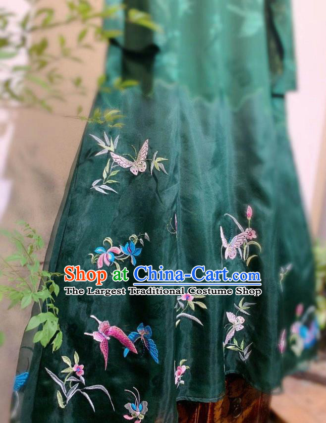 Chinese National Green Silk Cheongsam Clothing Traditional Embroidered Butterfly Long Qipao Dress