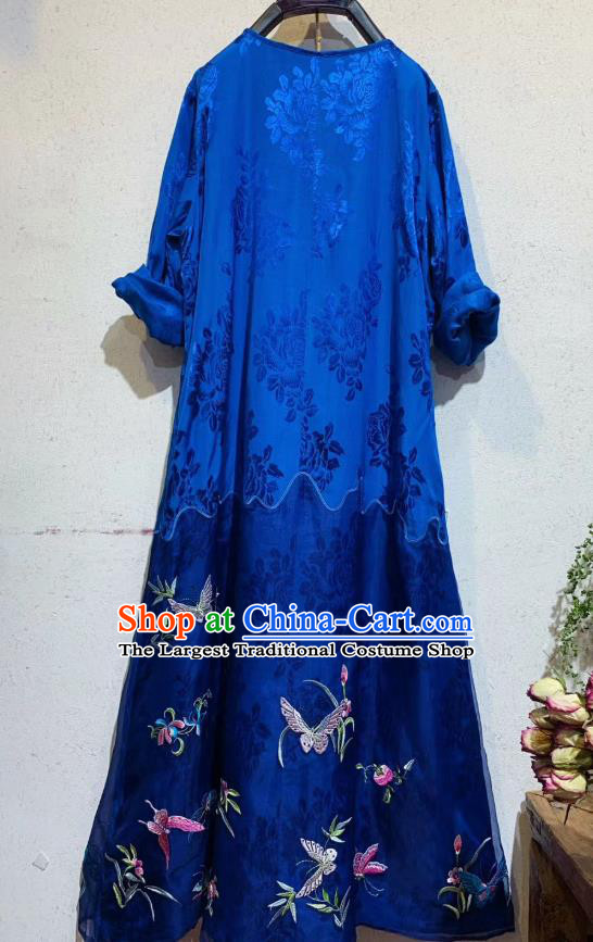 Traditional Chinese Embroidered Butterfly Long Qipao Dress National Clothing Royalblue Silk Cheongsam