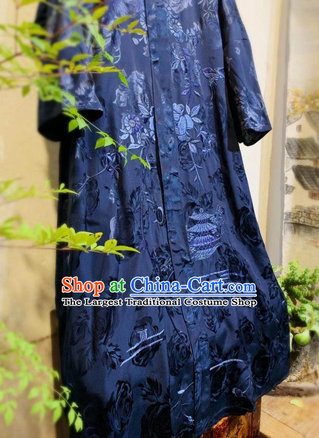 Chinese Embroidered Long Qipao Dress Traditional Navy Blue Silk Cheongsam National Clothing