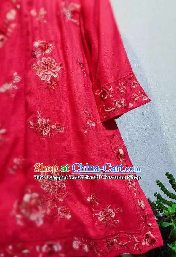 Chinese National Clothing Embroidered Rosy Flax Qipao Dress Traditional Round Collar Cheongsam