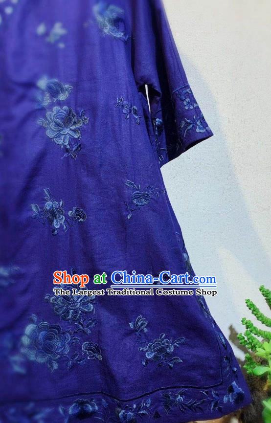 Chinese Traditional Round Collar Cheongsam National Clothing Embroidered Deep Blue Flax Qipao Dress