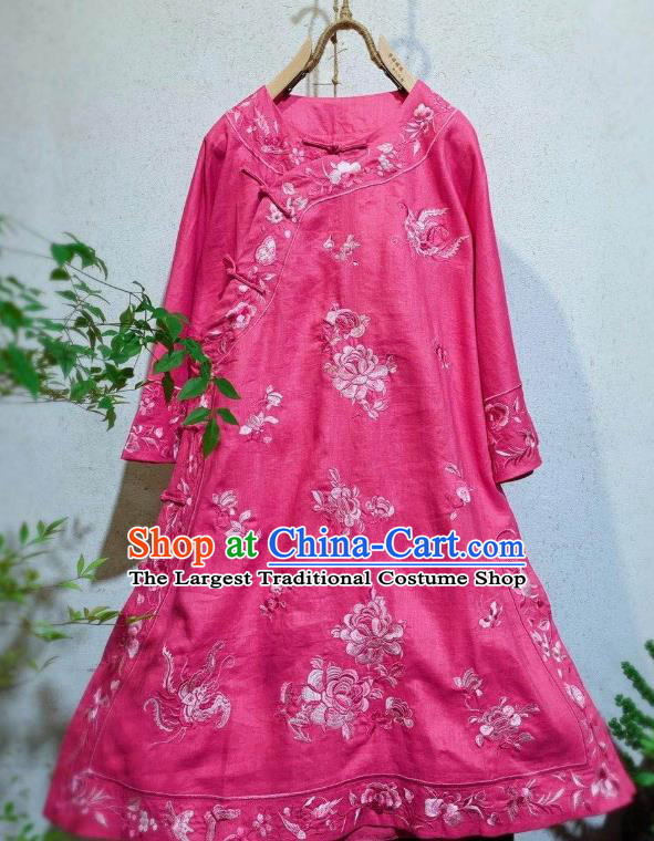 Chinese Embroidered Pink Flax Qipao Dress Traditional Round Collar Cheongsam National Clothing