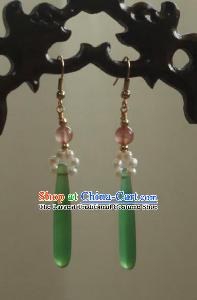 China Ancient Palace Lady Pearls Ear Jewelry Traditional Qing Dynasty Princess Jade Earrings