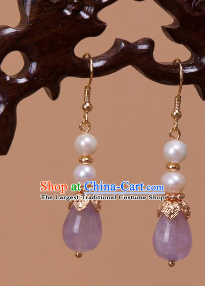 China Traditional Qing Dynasty Pearls Earrings Ancient Princess Amethyst Ear Jewelry