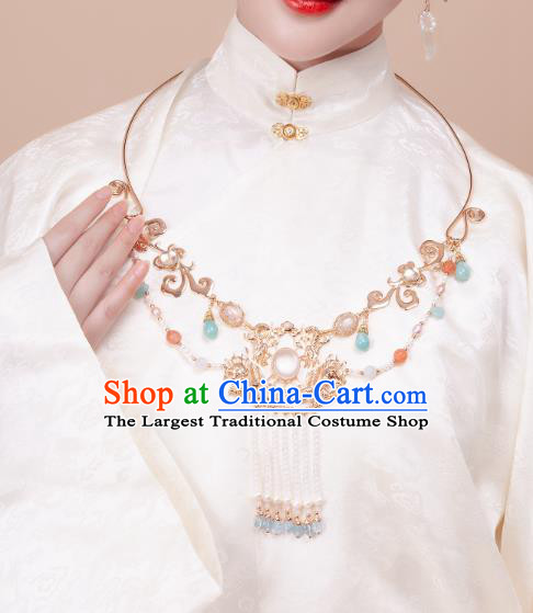 China Traditional Hanfu Beads Tassel Necklace Handmade Ancient Princess Golden Dragon Necklet Accessories