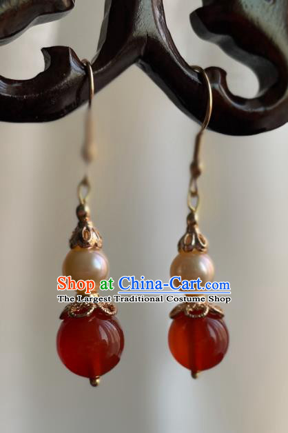 China Traditional Agate Earrings Ancient Qing Dynasty Court Pearl Ear Jewelry
