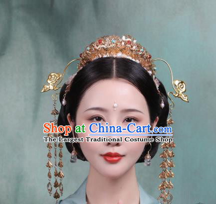 Chinese Handmade Golden Tassel Hair Crown Traditional Tang Dynasty Empress Phoenix Coronet