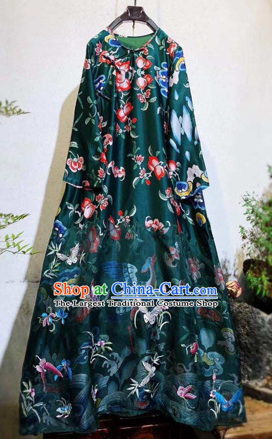 Chinese National Atrovirens Silk Qipao Dress Traditional Embroidered Butterfly Cheongsam Clothing
