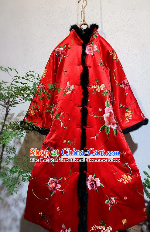 China Tang Suit Winter Clothing National Embroidered Peony Outer Wear Traditional Red Silk Dust Coat