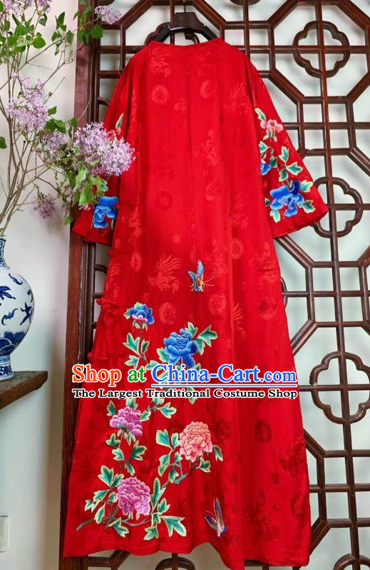 Chinese National Red Silk Qipao Dress Traditional Embroidered Peony Long Cheongsam Clothing