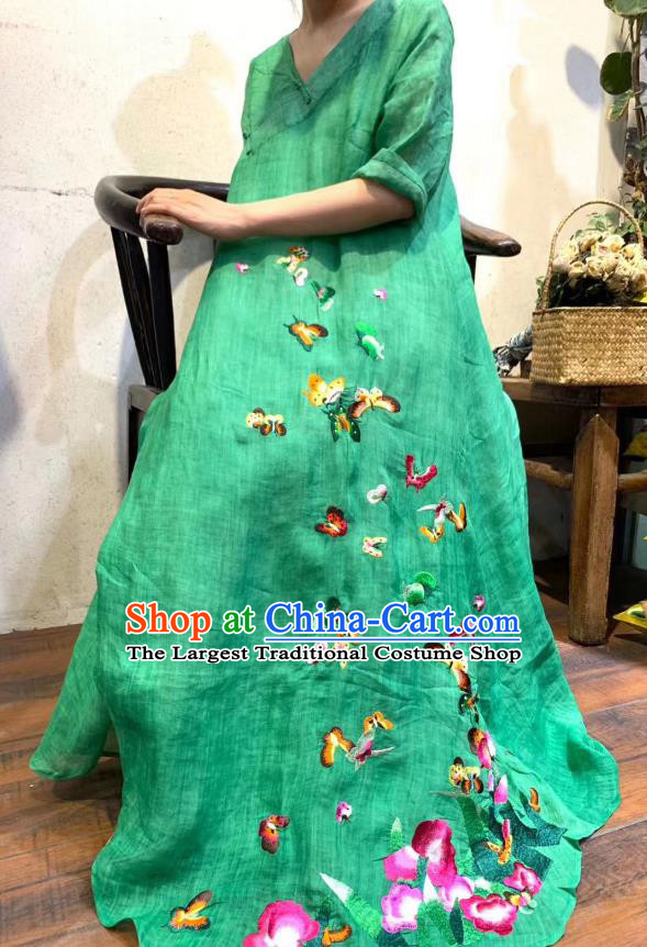 Chinese Traditional Dress Clothing Embroidered Butterfly Qipao National Green Flax Cheongsam