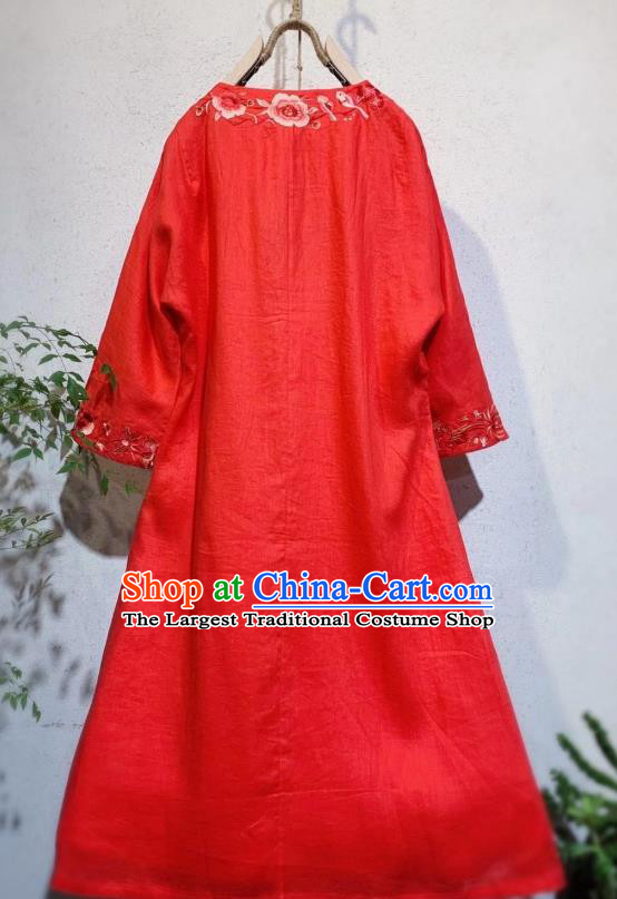 Chinese Embroidered Red Flax Qipao Dress Traditional Long Cheongsam National Clothing